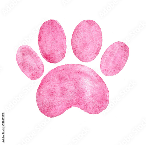 Silhouette of a pet's paw. Isolated on white background. Pink color. Watercolor. Trace, imprint. Cat, dog. Baby shower. It's a girl. Decor.