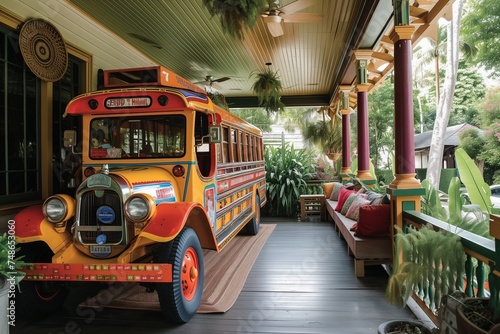 A Manila jeepney parade transforms the porch of a craftsman-style dwelling, merging Filipino vibrancy with the enduring charm of suburban craftsmanship.