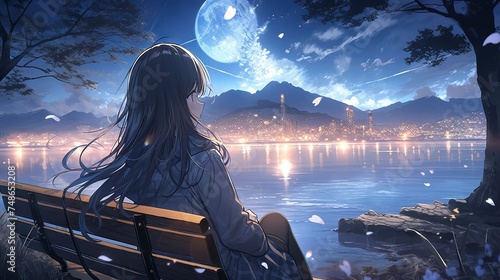 Cute anime girl admiring the moonlit night by the lake in a Japanese city with cherry blossoms photo