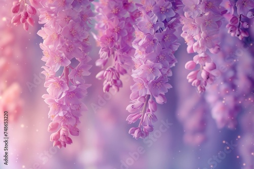 Beautiful Wisteria Tree in Full Bloom with Purple Flowers Hanging from Branches on a Purple Background