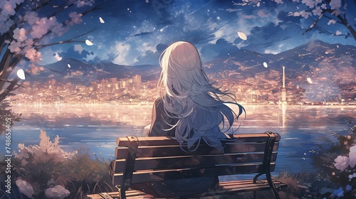 Cute anime girl admiring the moonlit night by the lake in a Japanese city with cherry blossoms #748653405