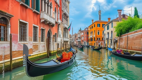 A Venetian canal with gondolas and colorful buildings © MuhammadHamza