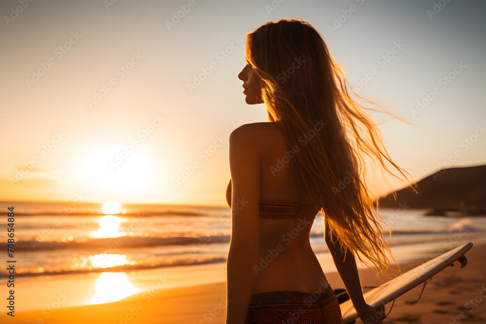 Beautiful girl with surfboard on the beach at sunset. Back view