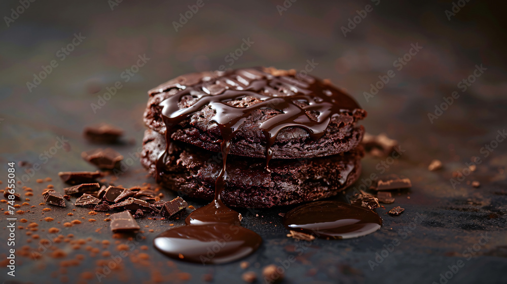 Chocolate melting on chocolate biscuit. - obrazy, fototapety, plakaty 