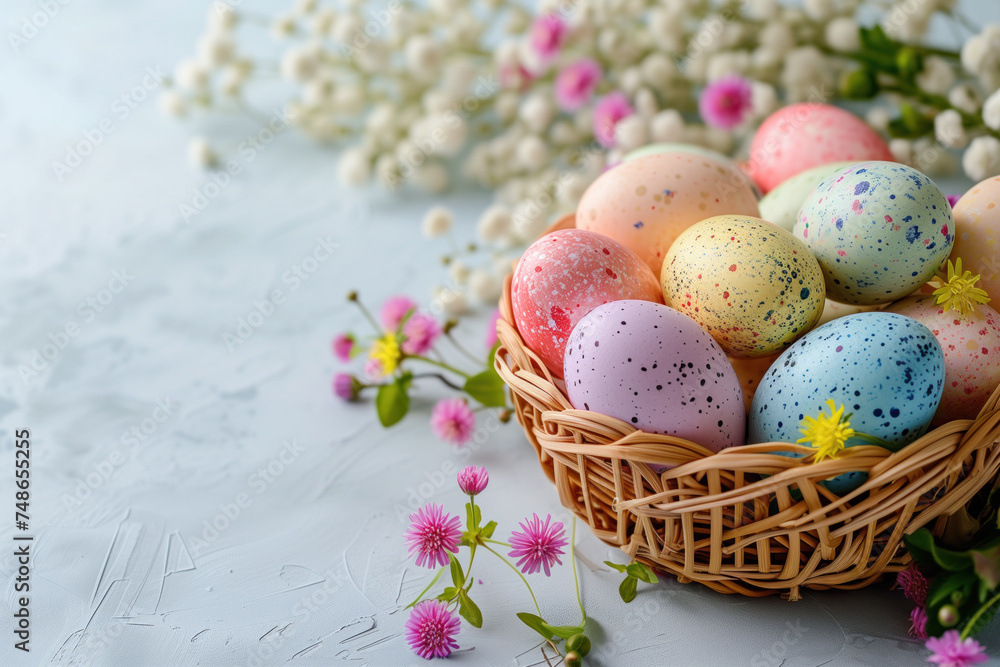 Vibrant Easter Basket with Speckled Eggs and Spring Flowers.