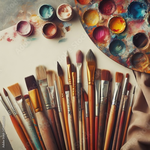 A collection of paintbrushes rests on a canvas, surrounded by a palette smeared with vivid colors, a snapshot of the artist's vibrant selection.