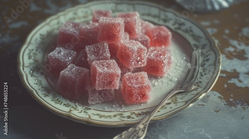 a plate of watermelon cubes with and other. photo