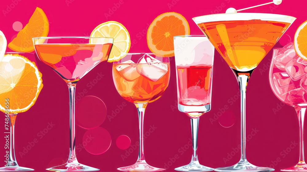 a group of glasses filled with different types of drinks and garnished with oranges and lemons on a pink background.