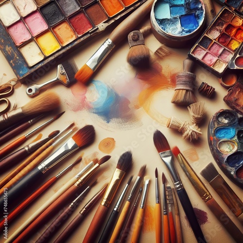 An array of well-used paintbrushes and a swirl of colors on a palette evoke the spirit of artistic endeavor. The tools await their next stroke of creativity.
