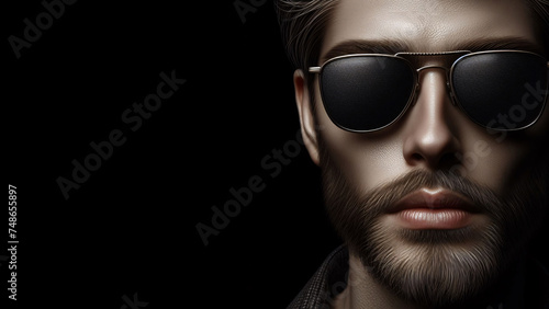 portrait of man face with beard wearing black00 sunglasses isolated on black background