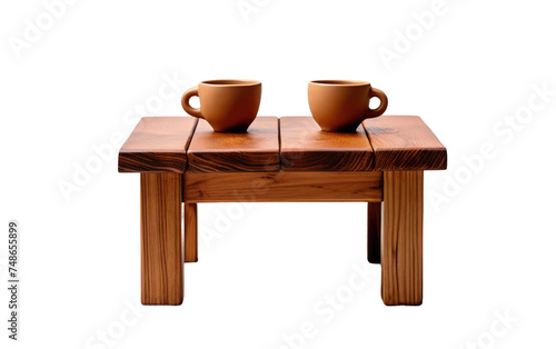 A wooden table is featured with two cups placed on top. The photo showcases the simplicity and elegance of the cups against the backdrop of the textured table.