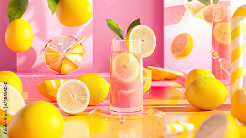 a glass of lemon juice surrounded by lemons and a pink room with the background. photo