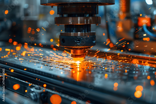 The CNC milling machine cutting the sheet metal with the sparking light. The hi-technology mold and die manufacturing process