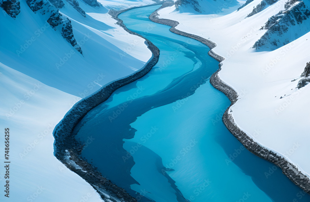 Beautiful blue river flowing through the beautiful snow mountains