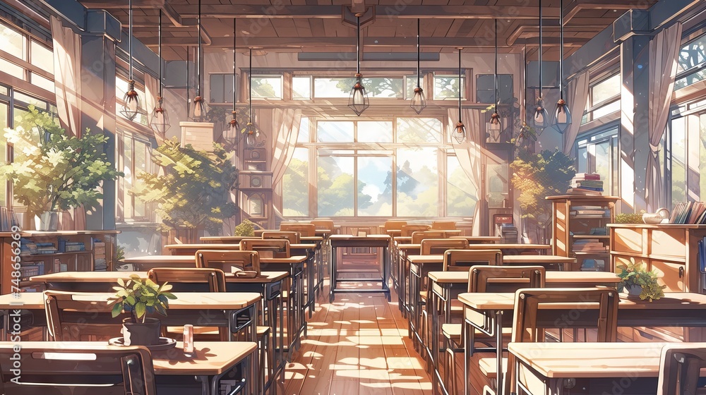 Aesthetic view of an empty classroom with muted colors and natural light