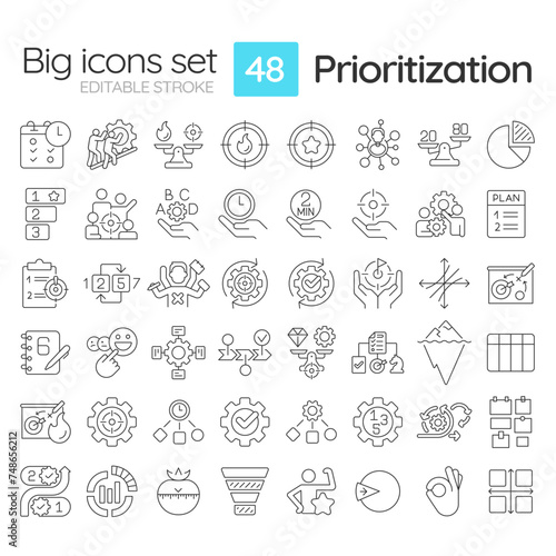 Prioritization linear icons set. Time management. Task organization. Pareto principle, process optimization. Customizable thin line symbols. Isolated vector outline illustrations. Editable stroke