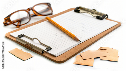 Clipboard with glasses, pencil with pieces of paper.