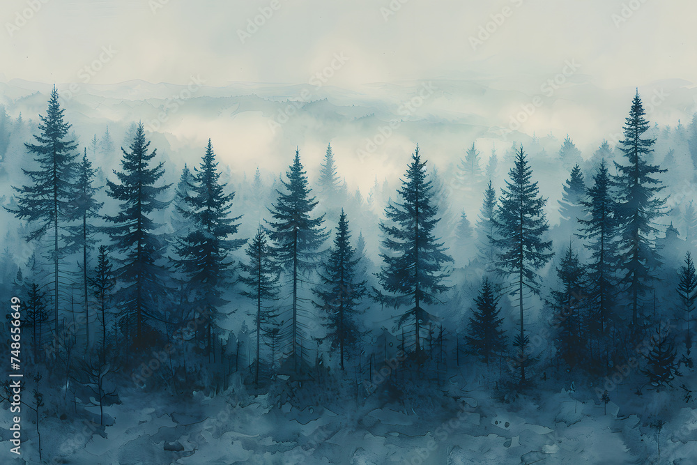 Foggy winter landscape with coniferous forest. Digital painting