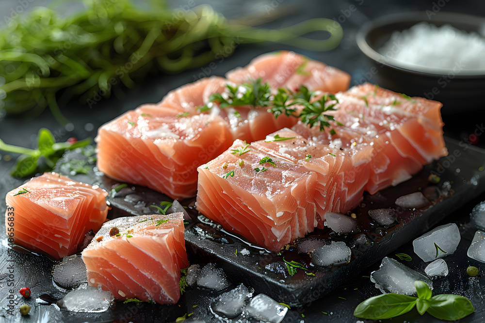 Slices of smoked salmon with salt and herbs on a black background