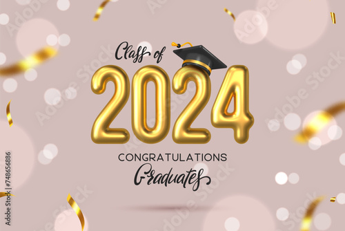 Graduation ceremony composition. Class of 2024 gold numbers with cap and serpentine. Congratulations graduates typography design. Vector.