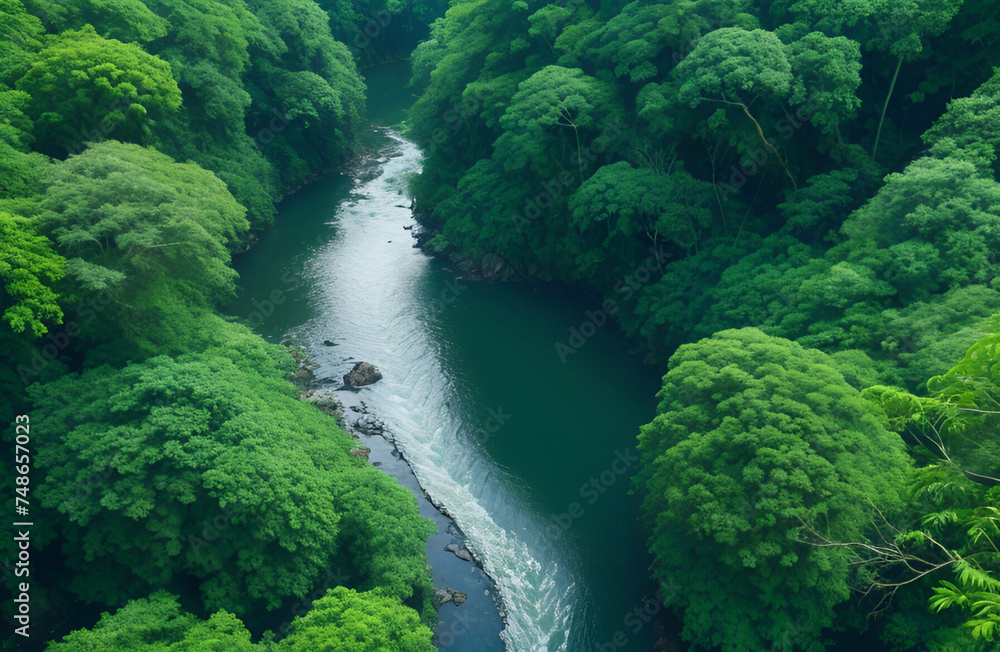 Beautiful river flowing in the middle of a beautiful and vast green forest Beautiful river flowing in the middle of a beautiful and vast green forest