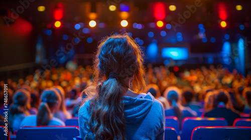 A woman sits in a theater with a crowd of people