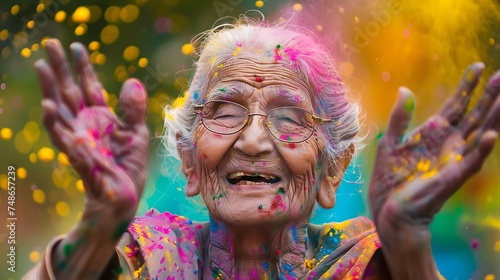 Happy Portrait of an elderly woman Indian Woman celebrating Holi color festival. Indian