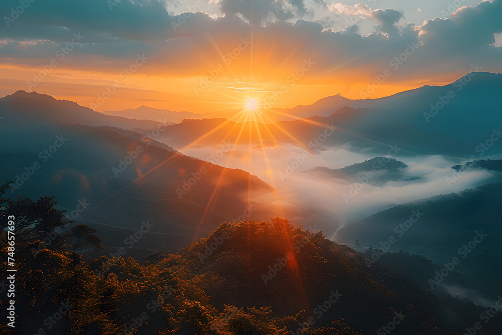 Picturesque sunrise in the mountains and fog