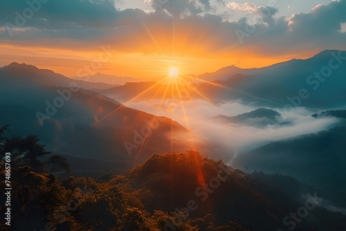 Picturesque sunrise in the mountains and fog © D