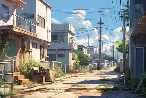 Empty streets and buildings, daytime scene in anime drawing, aesthetic and calm