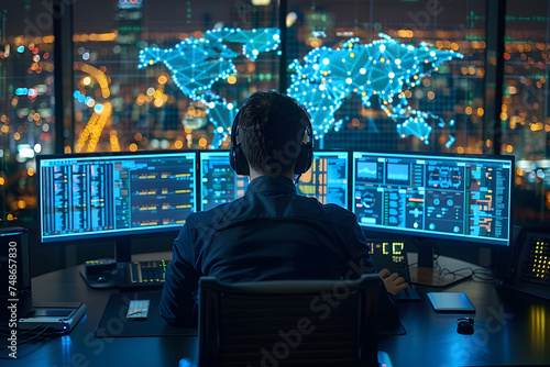 A man sits at his workplace behind monitors