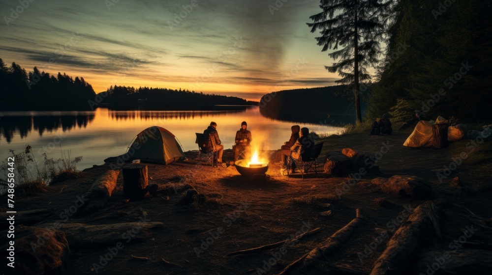 Male friends are camping with tents, Sitting around a campfire on the lake shore in the evening or at night. Travel, Vacations, Hiking, Lifestyle, Summer concepts.