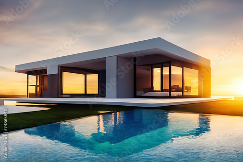 Modernes Designer Haus mit Pool, Abendstimmung und sanfte Farben  © sweasy