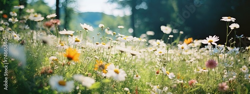 Meadow with vibrant chamomile flowers and a blurred background, creating a picturesque floral Banner