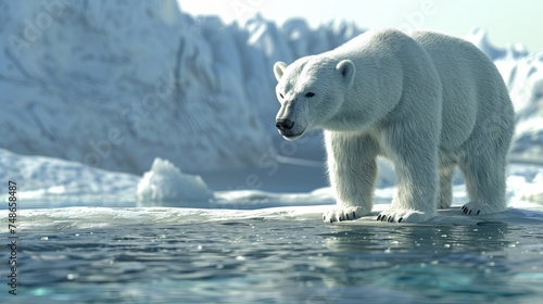 a polar bear is standing in the water near a mountain