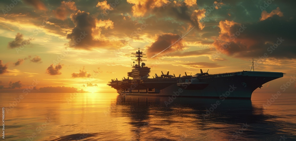 an aircraft carrier at sunset, showcasing its impressive silhouette against the vibrant hues of the evening sky. The ocean is calm, reflecting the golden light of the sun as it dips below the horizon