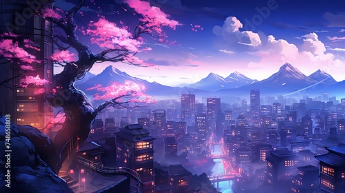 Night view of a fantasy Japanese cityscape with neon lights, skyscrapers, and cherry blossom trees