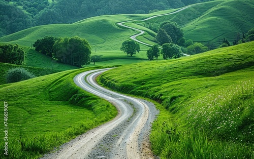 Winding country road through lush green hills under a clear sky.