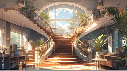 Anime-style illustration of a foyer with a curved staircase, muted colors, and bright lighting © Ameer