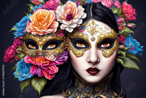 Zwei Frauen mit Maske und Blumenschmuck beim Karneval in Venedig photo