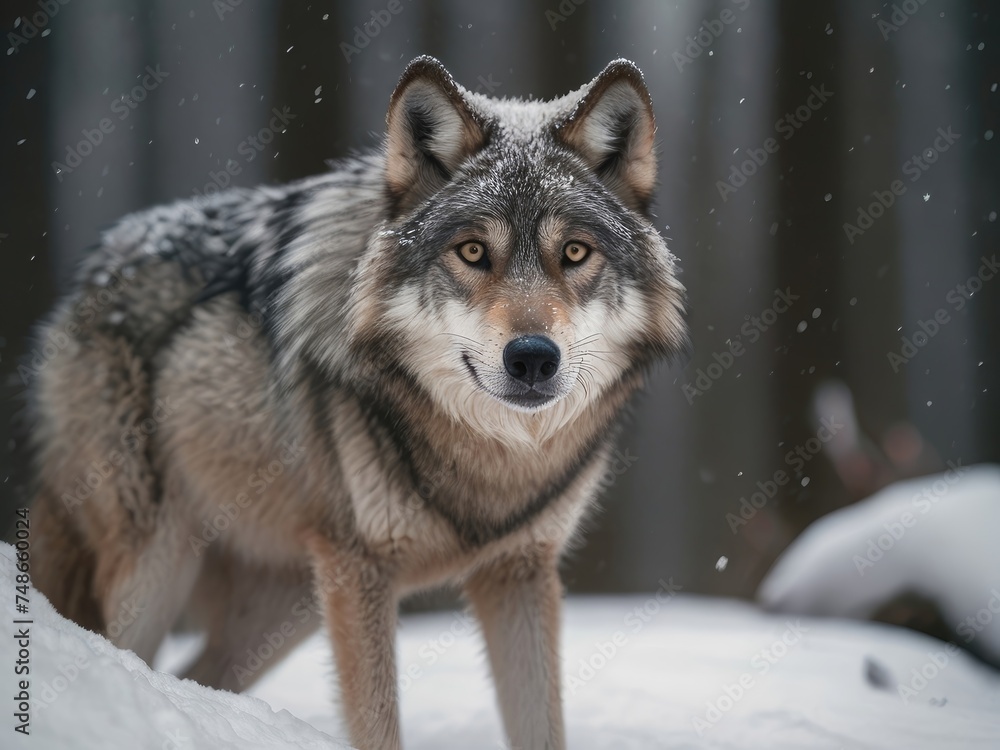 Cute wolf in snow furry and small looking at camera Cute wolf in snow furry and small looking at camera