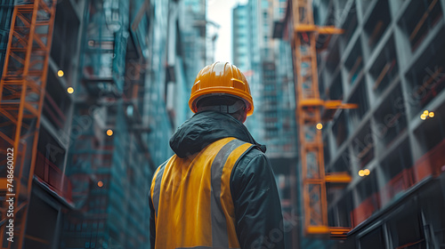 Construction worker with safety helmet in front of construction site. generative ai 