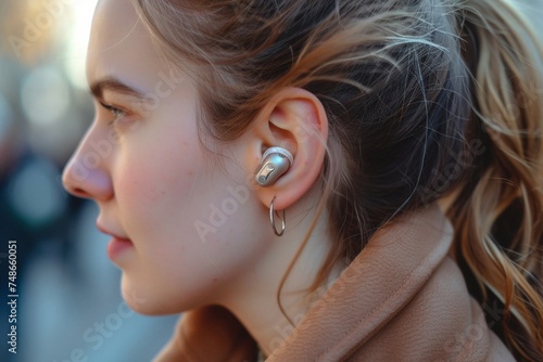 Busy urban lifestyle Woman wearing earbuds in a bustling city environment