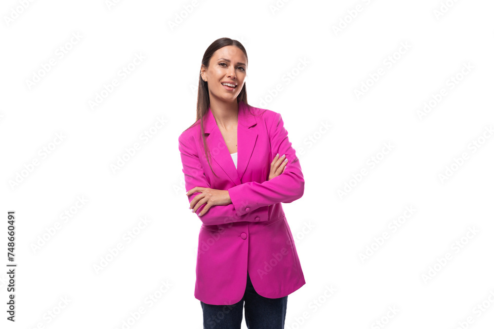 a young well-groomed slender woman with black straight hair is dressed in a crimson jacket buttoned up a young well-groomed slender woman with black straight hair is dressed in a crimson jacket buttoned up