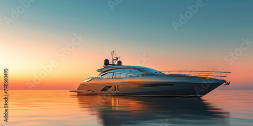 Luxury minimalist motor yacht in ocean at sunset. Sleek silhouette of vessel in quiet luxury style cuts through golden hues of evening sky