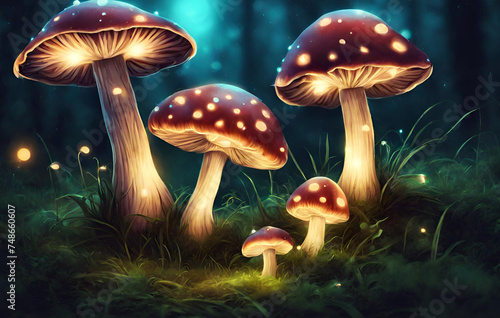 Fantasy enchanted fairy tale forest with magical mushrooms beautiful macro shot of magic mushr, A mushroom in the forest with a glowing light