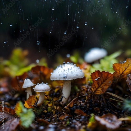 a white mushroom in the dark forest 