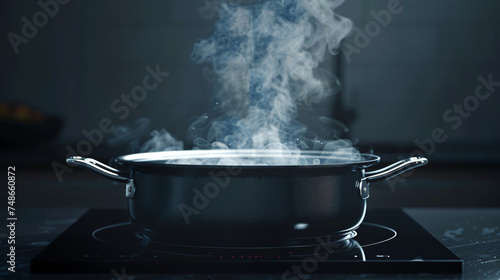 Boiling water in pan. Cooking pot on stove with water
