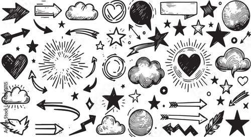 
Sketch line arrow element, star, heart shape. Hand drawn doodle sketch style circle, cloud speech bubble grunge element set. Arrow, star, heart brush decoration. Vector illustration 
