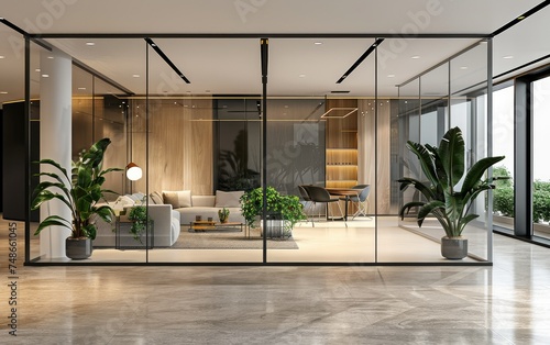 Modern living room interior with glass walls, elegant furniture, and indoor plants.